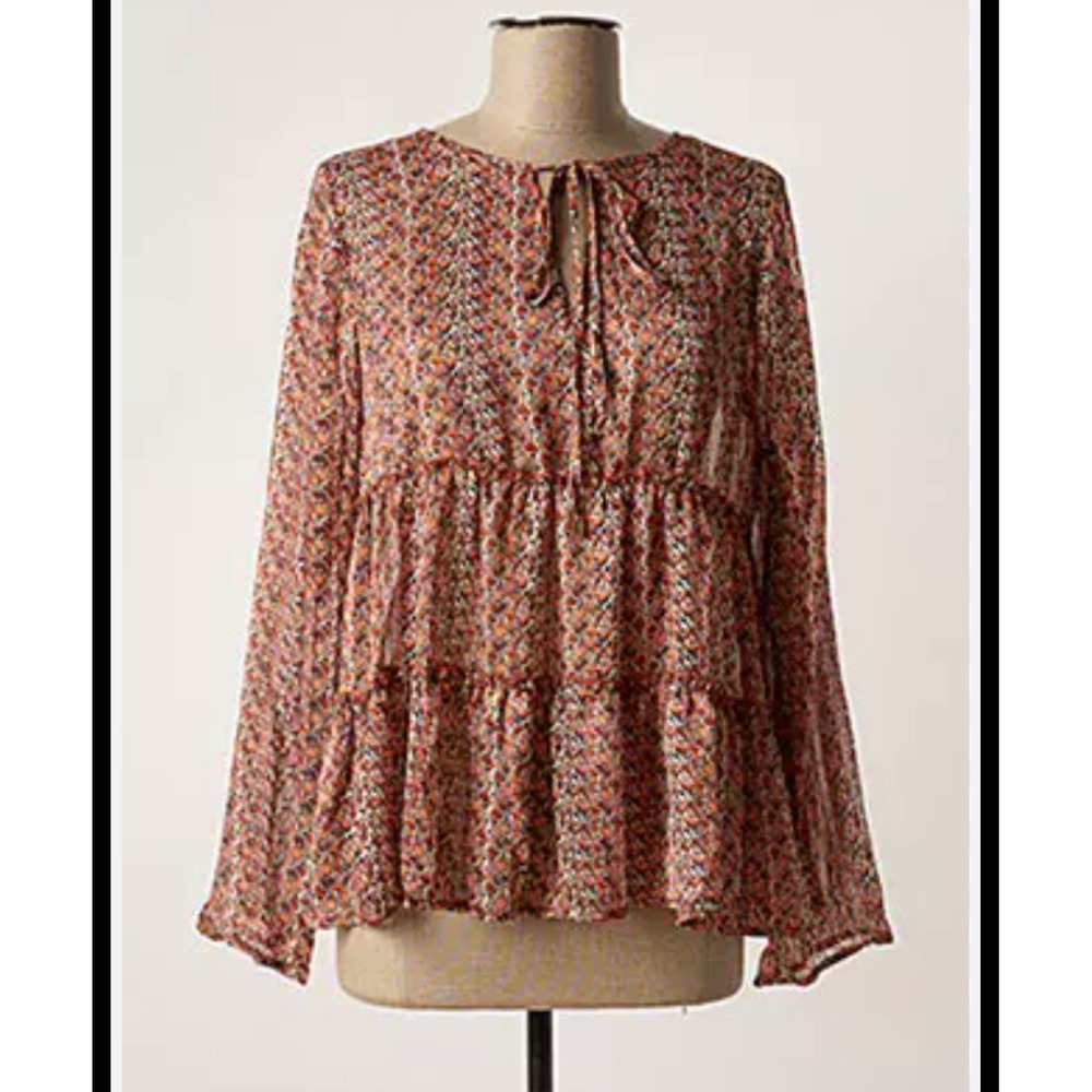 Molly Bracken Rust Animal Print Tiered Babydoll Blouse w/ Tie Neck - XS